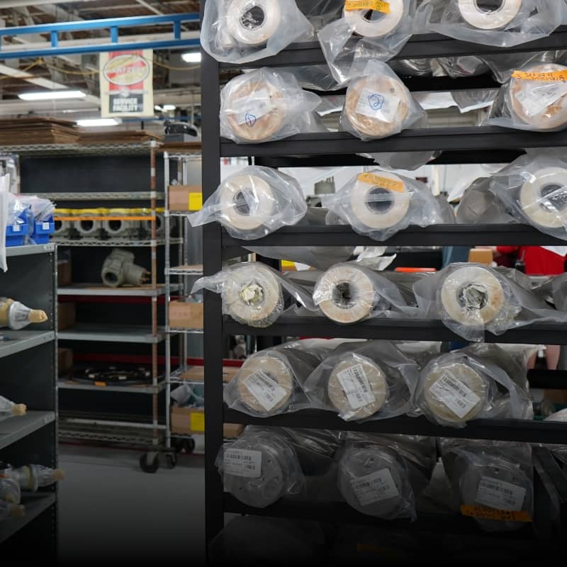 Shelves of inventory at the Hartzell Service Center