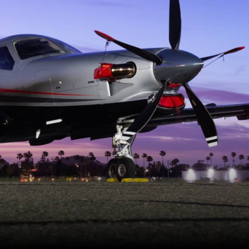 Closeup of Hartzell Propeller on a plane at dusk