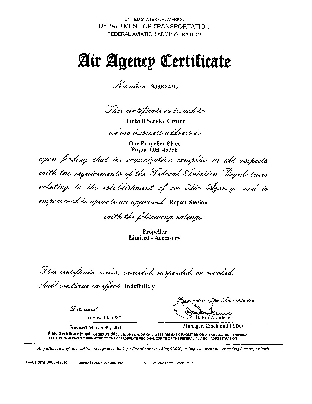 Hartzell Propeller Air Agency Certificate